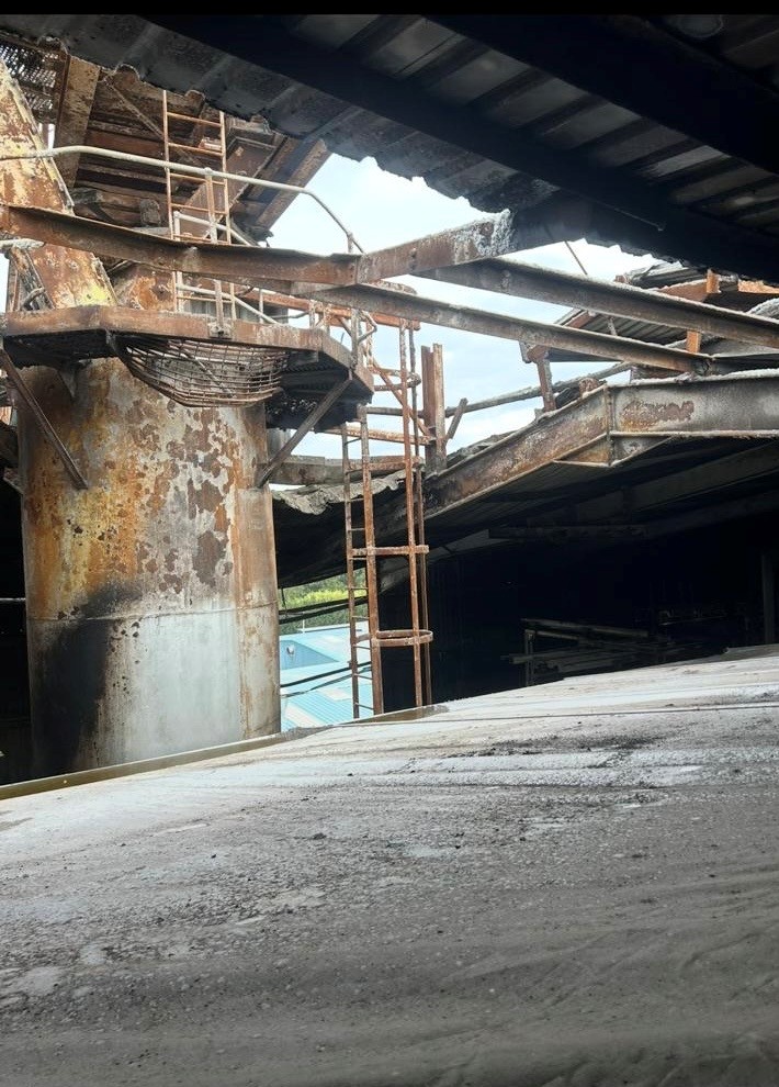 Fire-damaged industrial steelwork